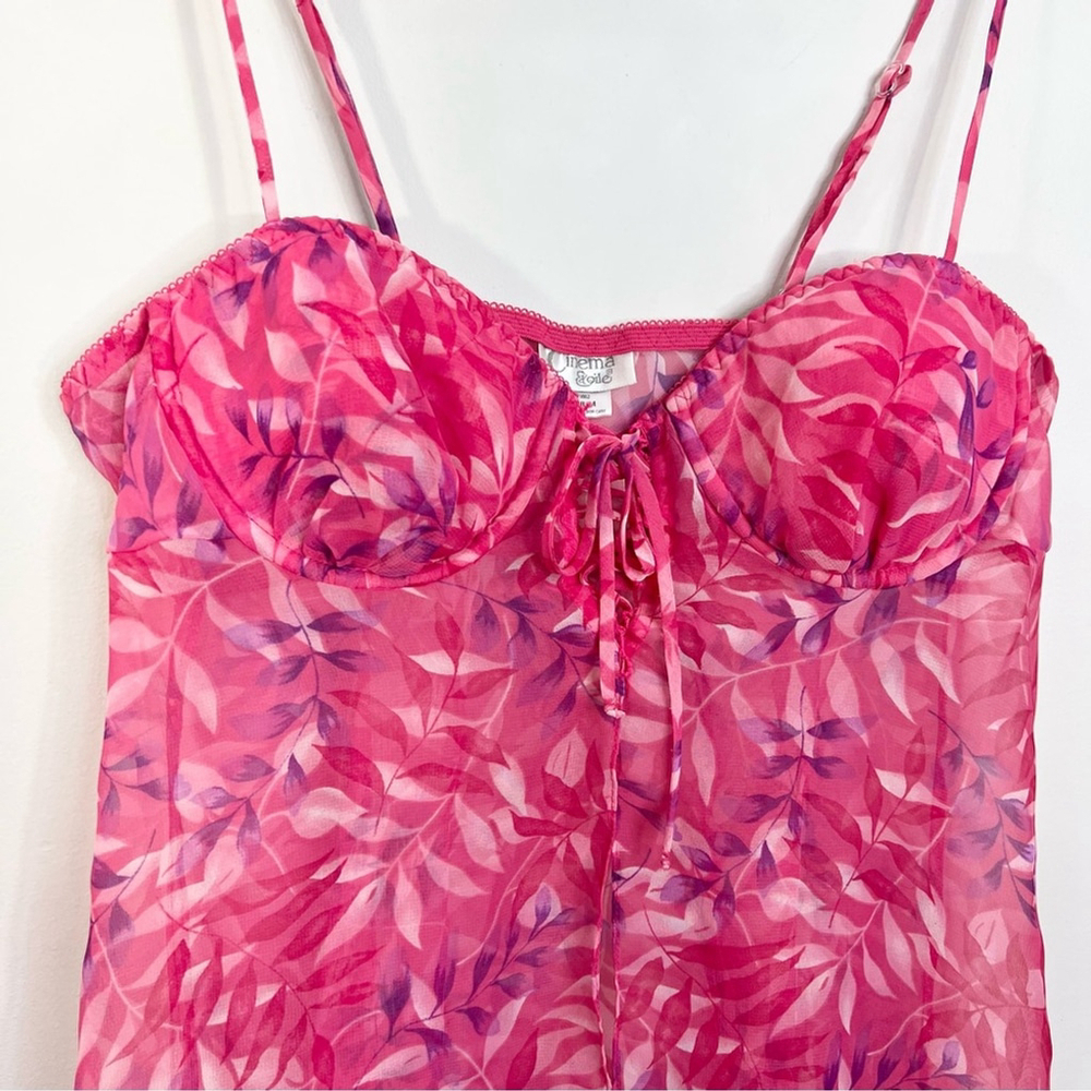 Vintage 90s pink purple leaf print chiffon lace up bustier chemise nighty M - Picture 8 of 17